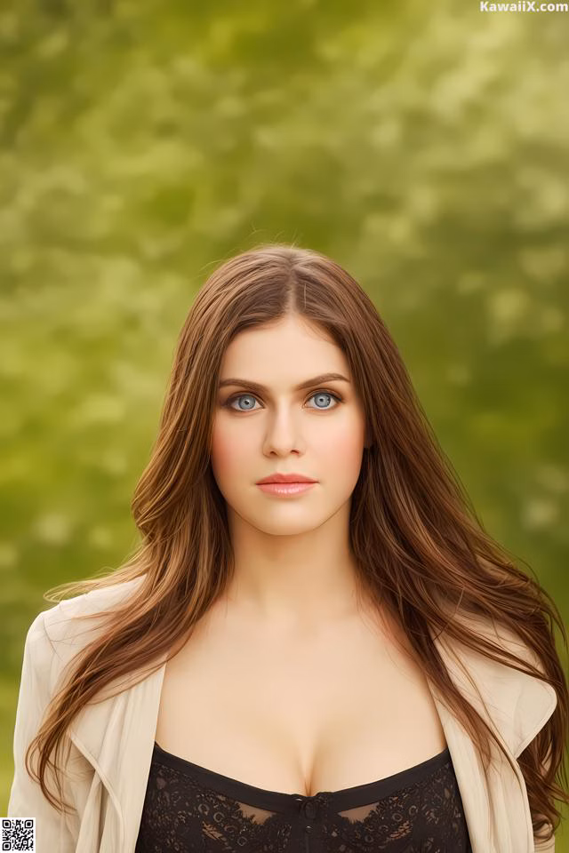 A woman with long brown hair and blue eyes posing for a picture.