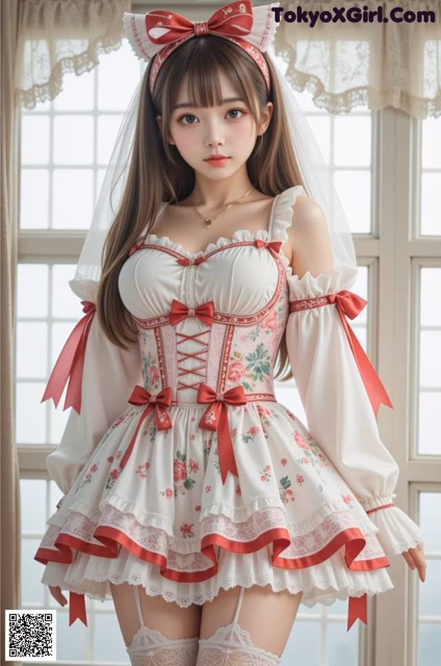 a woman in a white and red dress and stockings