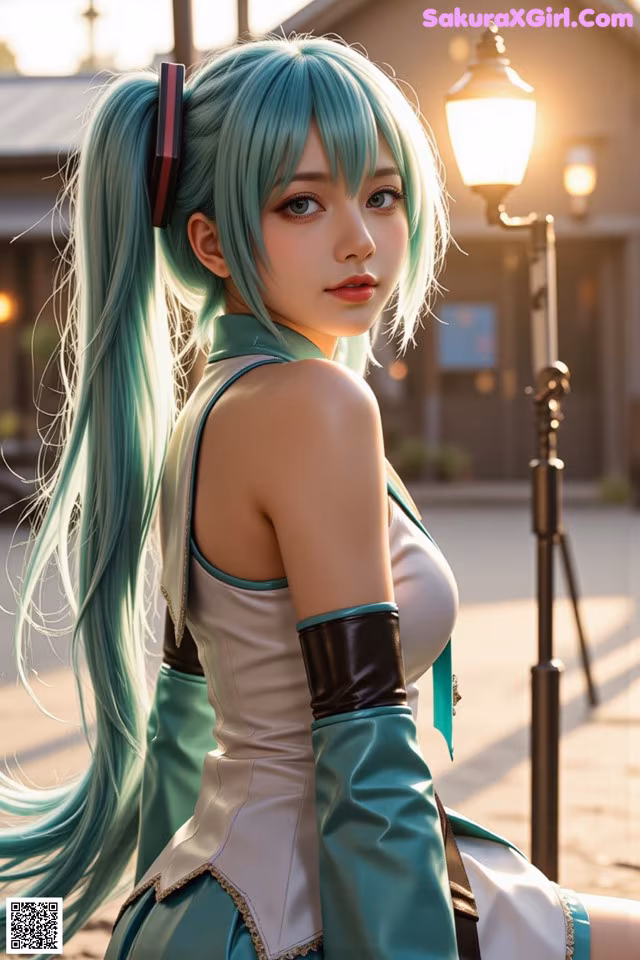 A woman with long green hair sitting on the ground.