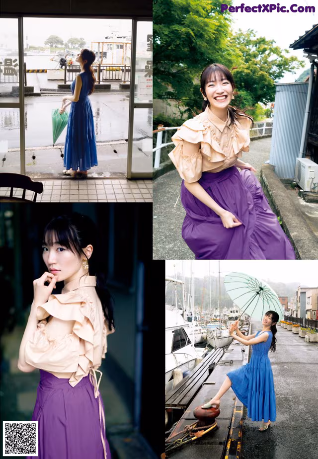 A woman in a purple dress holding an umbrella.