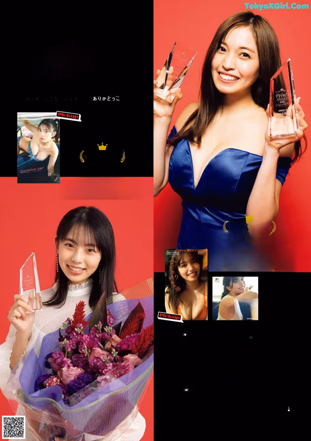 A woman in a blue dress holding a bouquet of flowers.