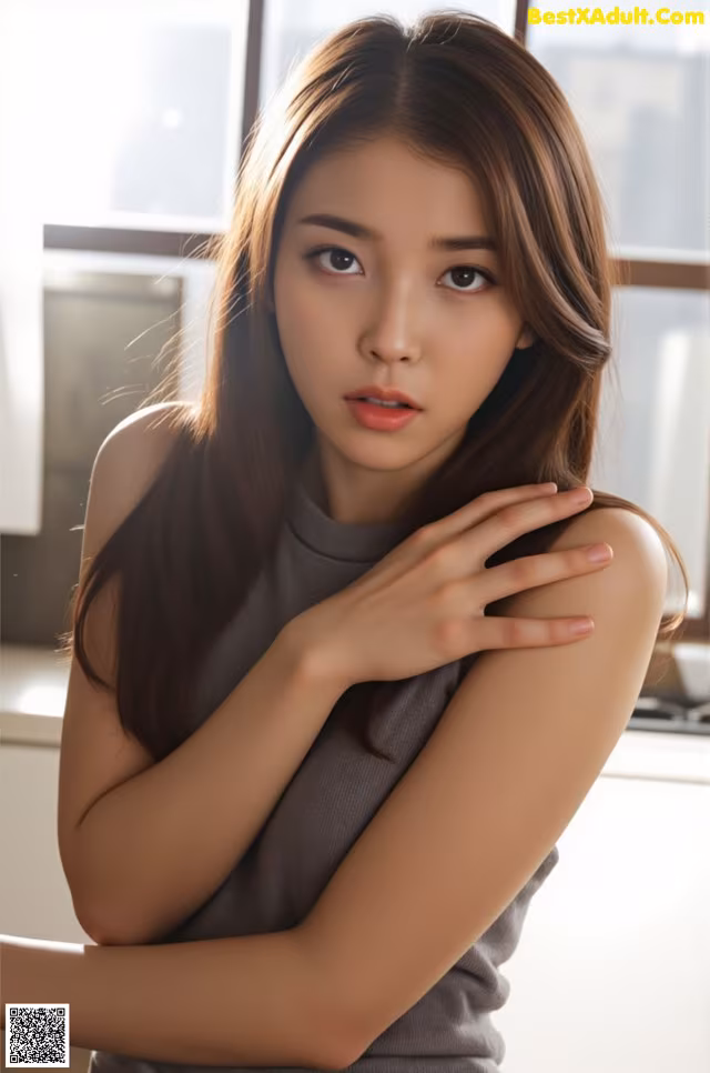 A woman with long brown hair posing for a picture.