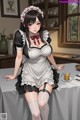 A woman in a maid outfit sitting at a table.