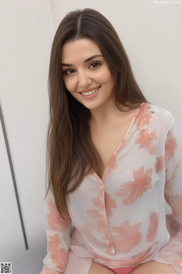 A woman in a pink shirt sitting on a white chair.