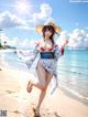 A woman in a bikini and hat on the beach.