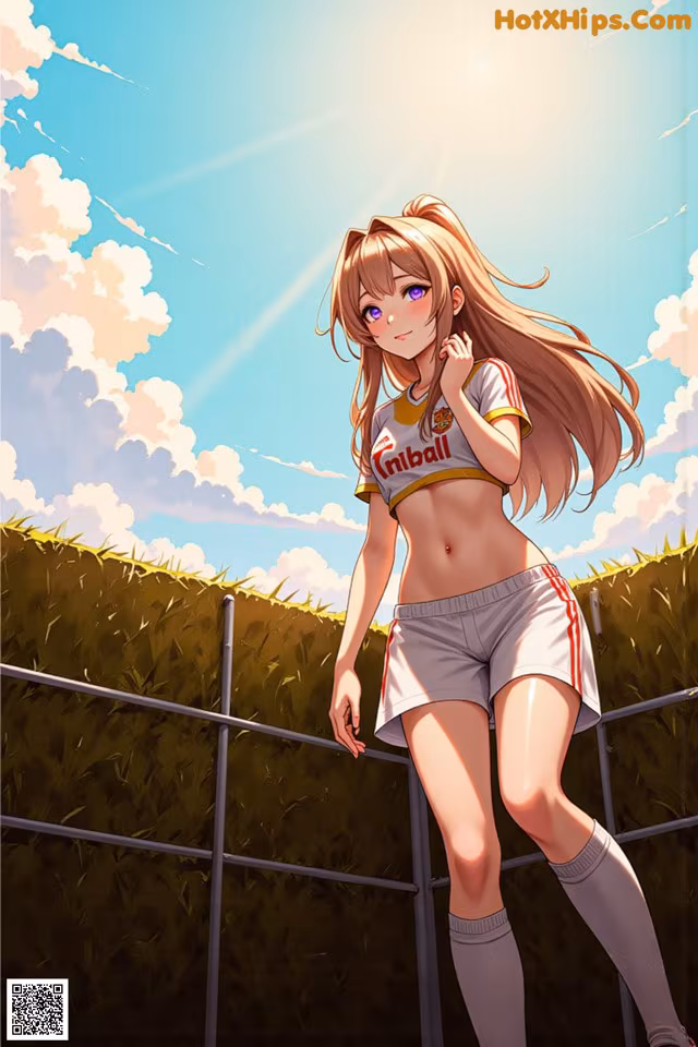 A girl in a soccer uniform standing next to a fence.