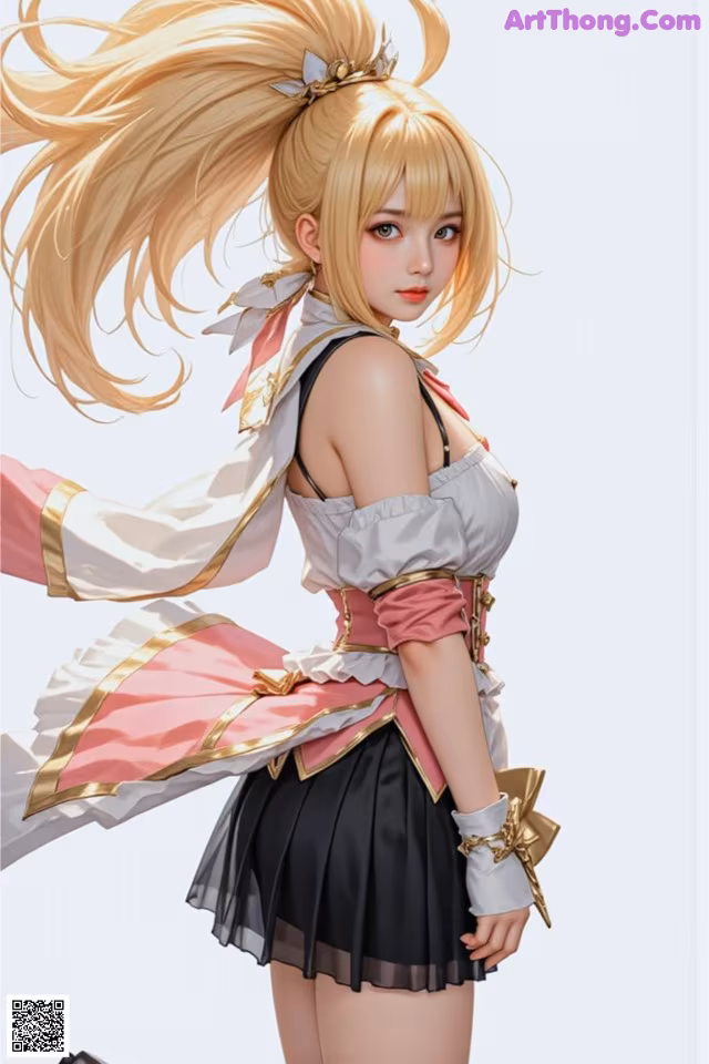 A woman in a pink and black dress holding a sword.