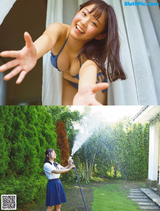 A woman in a blue bikini is spraying water on her face.