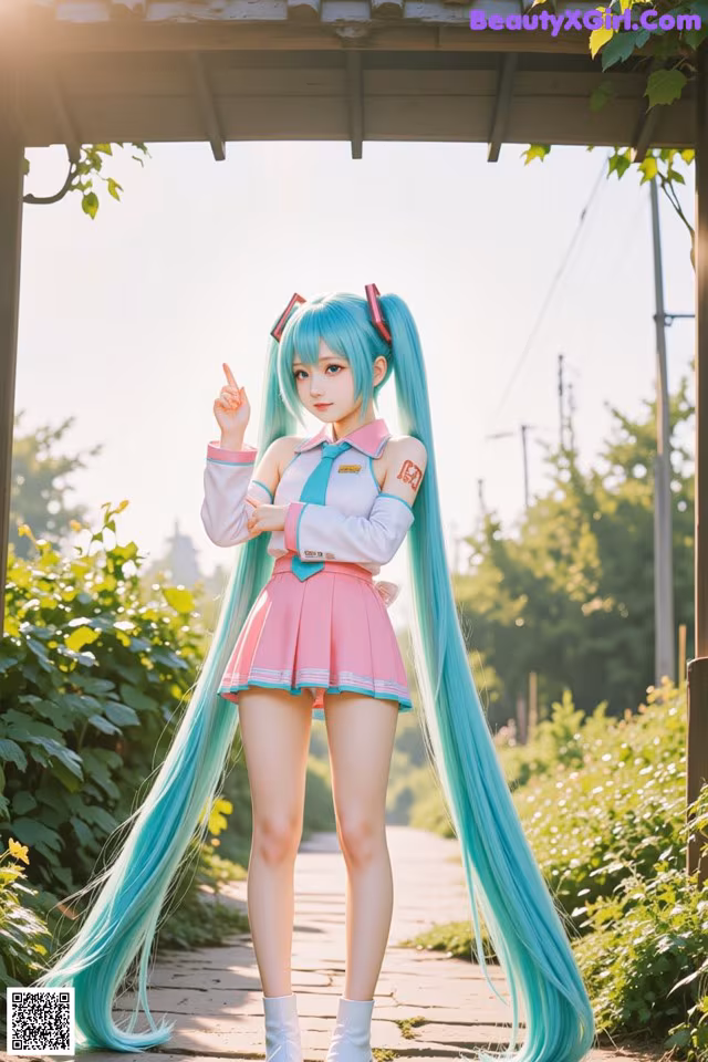 A woman with long blue hair standing on a sidewalk.