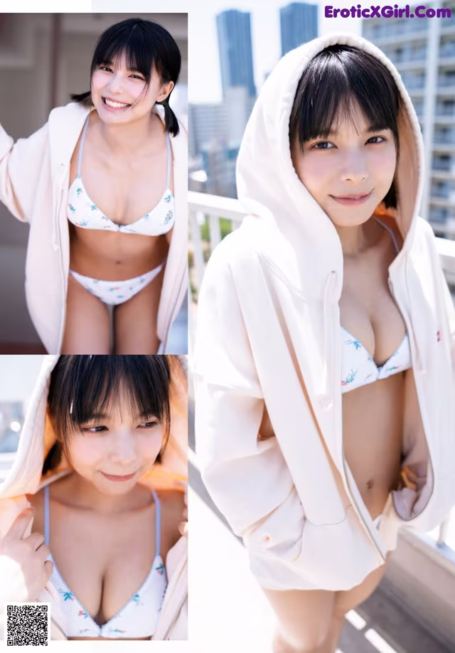 A woman in a white bikini posing for a picture.