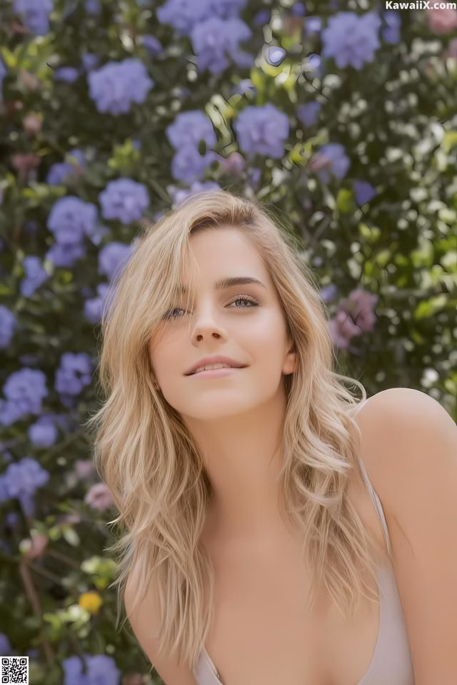 A woman with long blonde hair standing in front of purple flowers.
