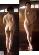 A naked woman standing in a room next to a window.