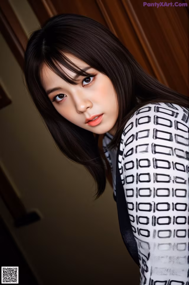 A woman with long black hair wearing a black and white shirt.