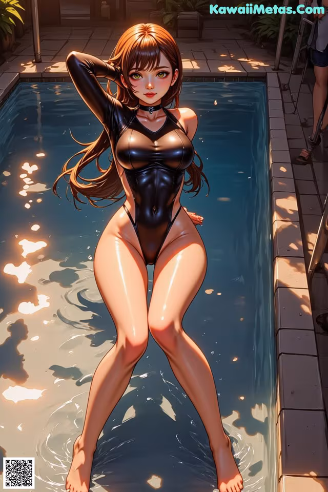 A woman in a black bathing suit standing in a pool.