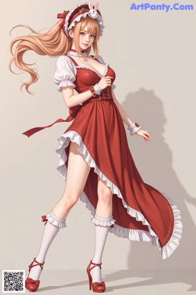A woman in a red and white dress with a bunny hat.