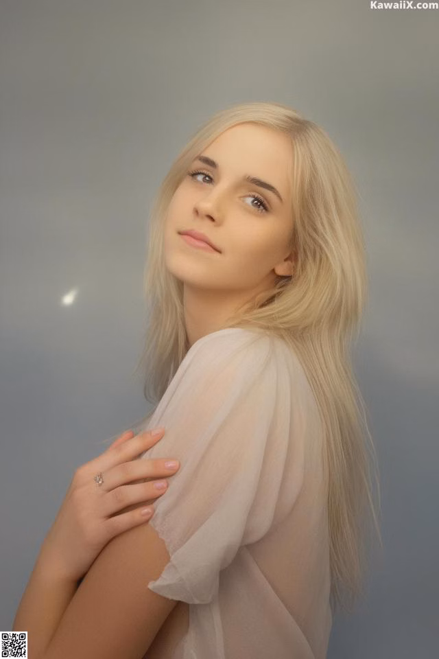 A woman with long blonde hair is posing for a picture.