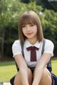 A young woman in a school uniform sitting on the ground.