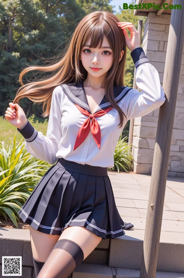 A woman in a school uniform posing for a picture.