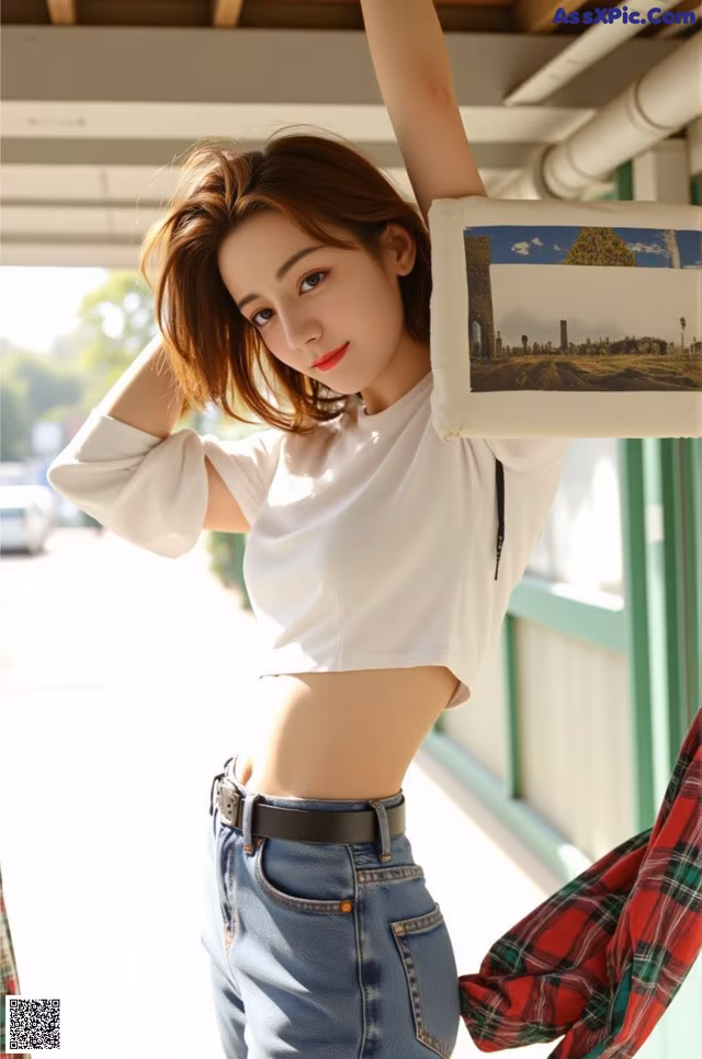 A woman in a white shirt and blue jeans posing for a picture.